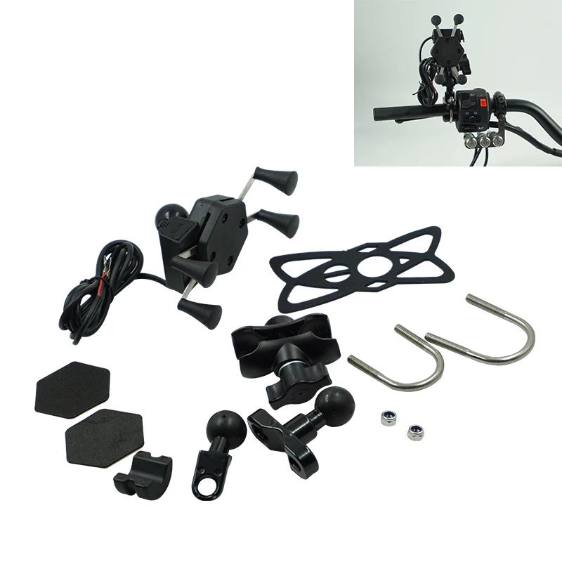 unversal motorcycle bike mobile phone stand holder with usb charger socket x type mount bracket rear view mirror for iphone free global shipping