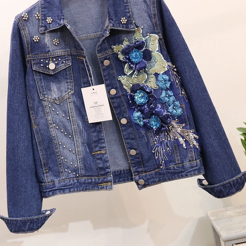 Новинка весны 2019 женская джинсовая куртка Модная Джинсовая с бусинами и цветами