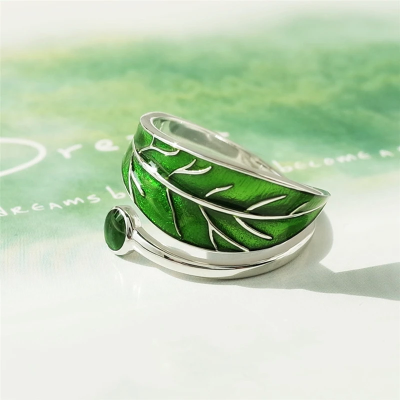 Женское кольцо с зелеными каплями из стерлингового серебра листьями|jewelry rings|jewelry
