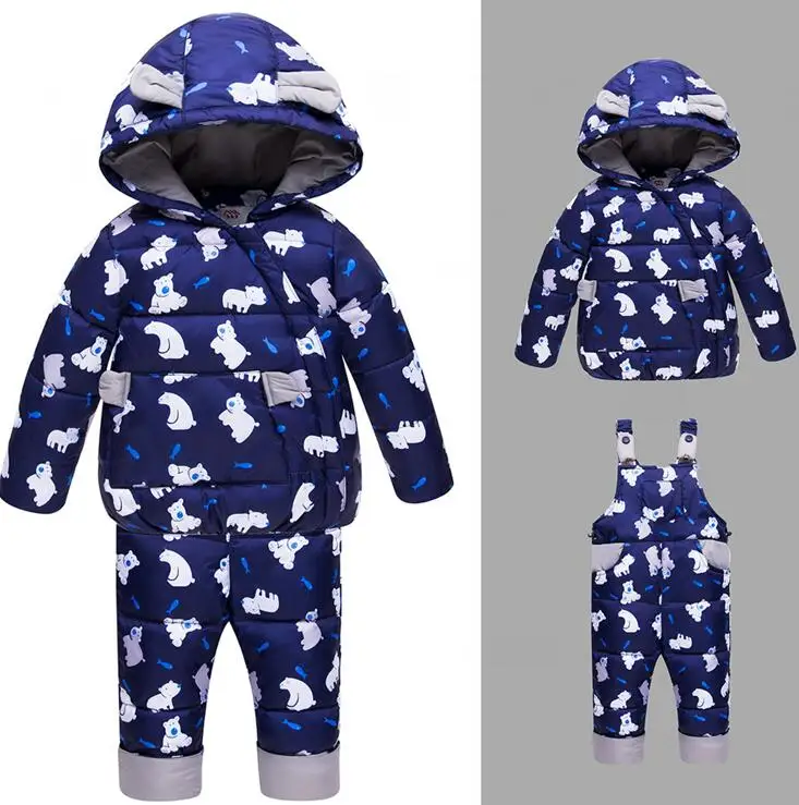 Blue New kids down bear printed suits Children's duck down Outerwear&Coats with cap+Bib pants 2pcs boys girls winter warm set - Color: Blue
