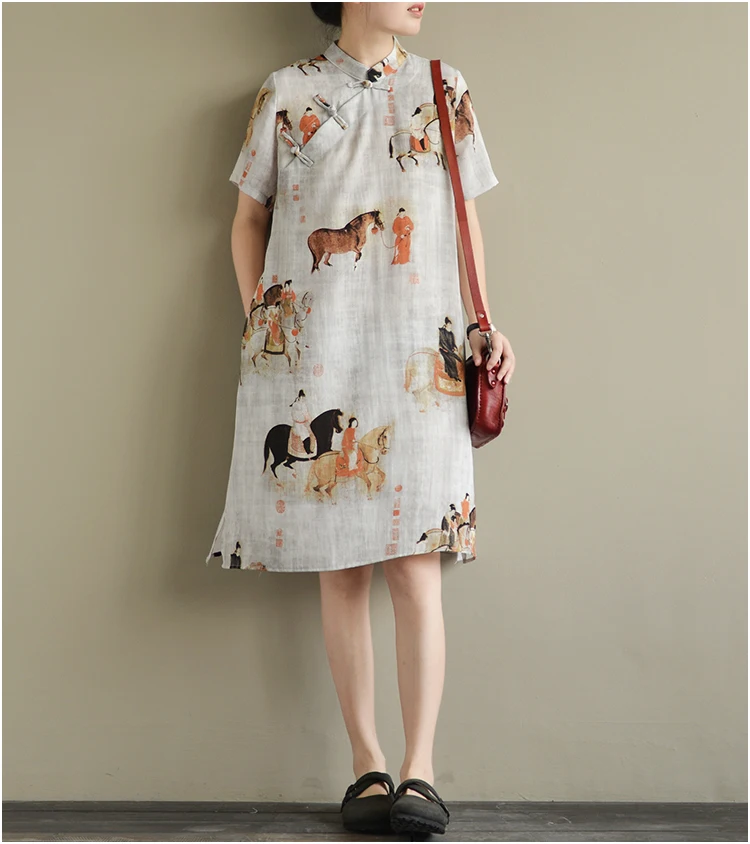 Женское платье Чонсам с винтажным принтом свободное до колена коротким рукавом и