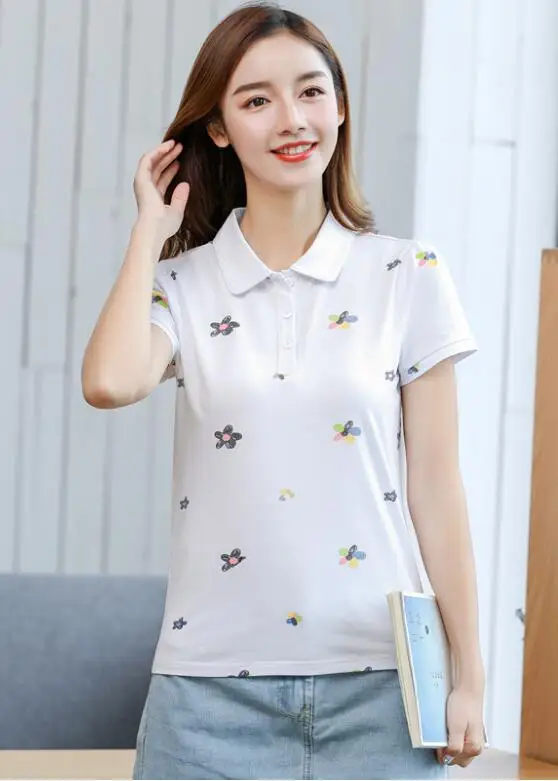 white Baharcelin 3XL 4XL Топы-поло больших размеров для женщин и девочек, воротник-поло с отложным воротником, короткий рукав, принт, женский спортивный топ, одежда - Цвет: white