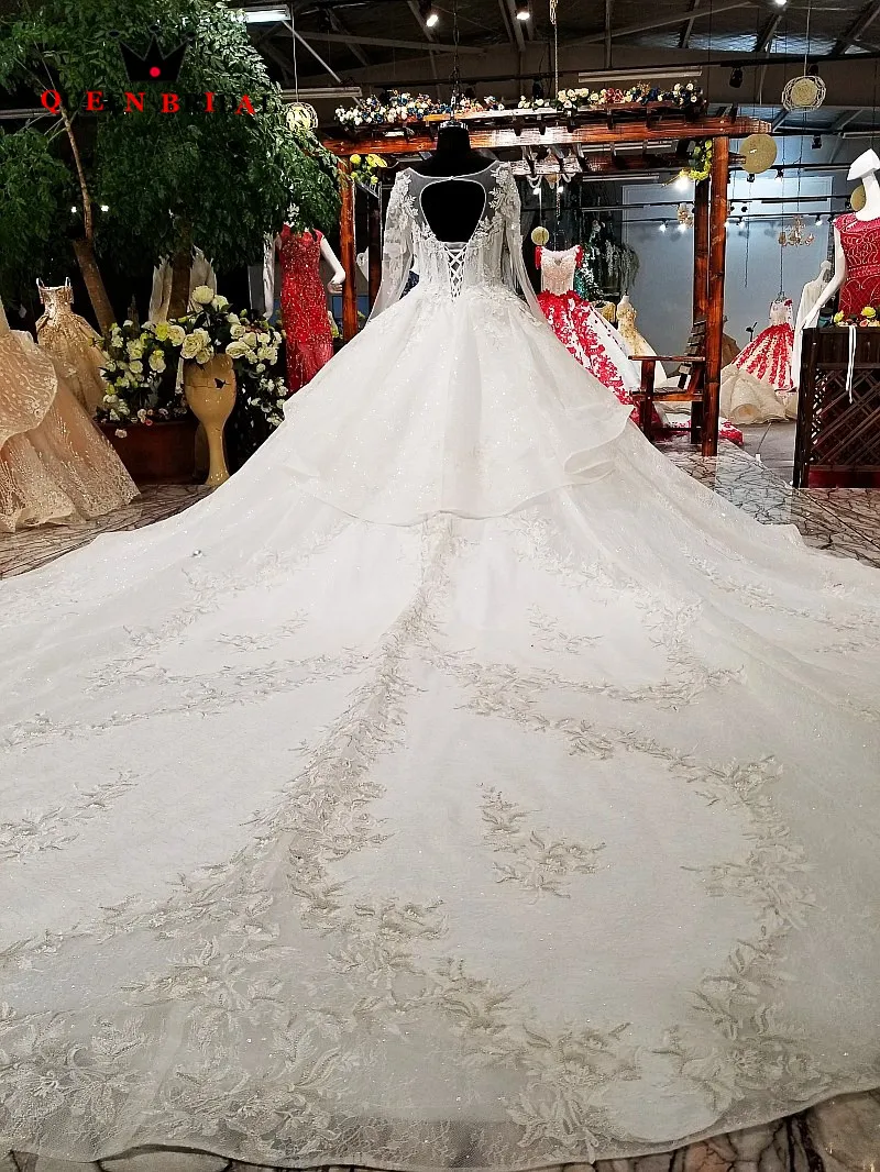 Real Sample Ball Gown Full Sleeves Appliques Lace vestido de noiva QUEEN BRIDAL Elegant Wedding Dresses robe de mariee WD111