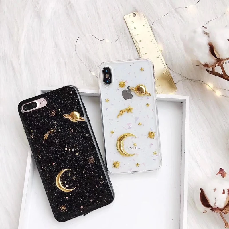 Gold Moon Stars Planet Phone Case For iphone X 6S 6 7 8 Plus Bling Glitter Universe Series Cover Cases Capa |