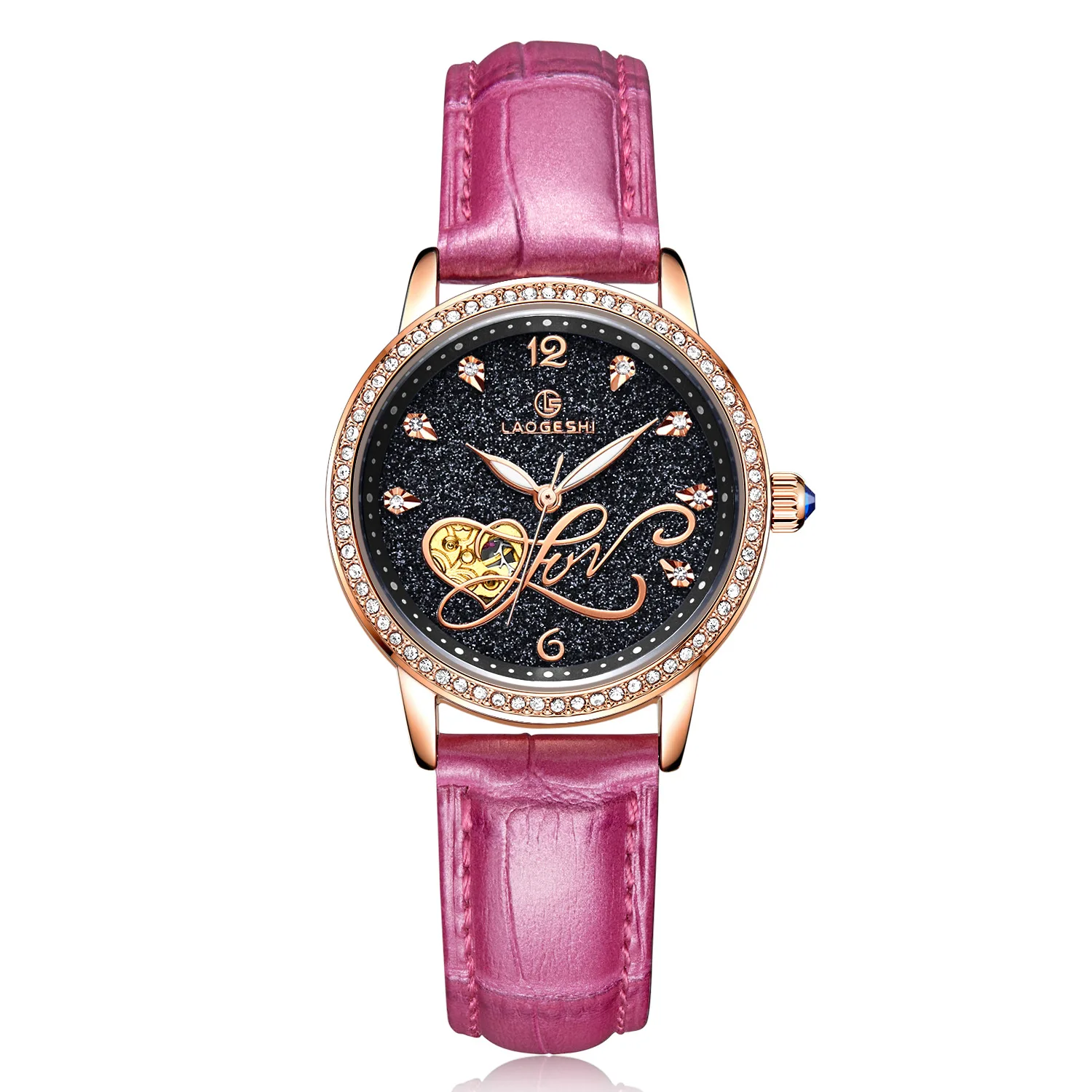 Rose-black Новое звездное небо Алмазный женские часы люксовый бренд автоматические механические Женские часы Стразы фиолетовый Скелет наручные часы - Цвет: Rose-black