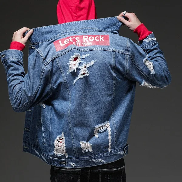 2 цвета Harajuku Винтаж Ruched полой с бахромой ASOS синий джинсовая куртка для мужчин в стиле панк-рок уличная Американский Повседневное - Цвет: Синий
