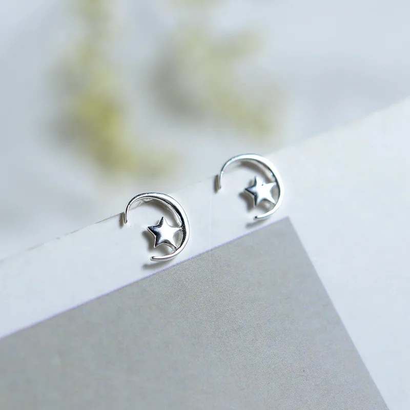S925 стерлингового серебра Прекрасный Луна звезды романтические уха шпильки