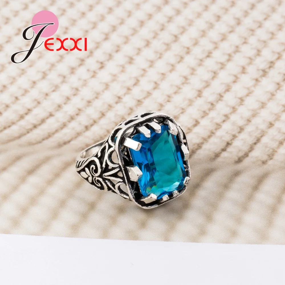 New Arrival Clear Blue Rectangle Cubic Zirconia Classic Style 100% 925 Sterling Silver Rings Birthday Presents For Women | Украшения и