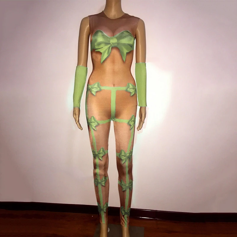 Женский сценический эластичный комбинезон с большим бантом DNV10831 | Тематическая