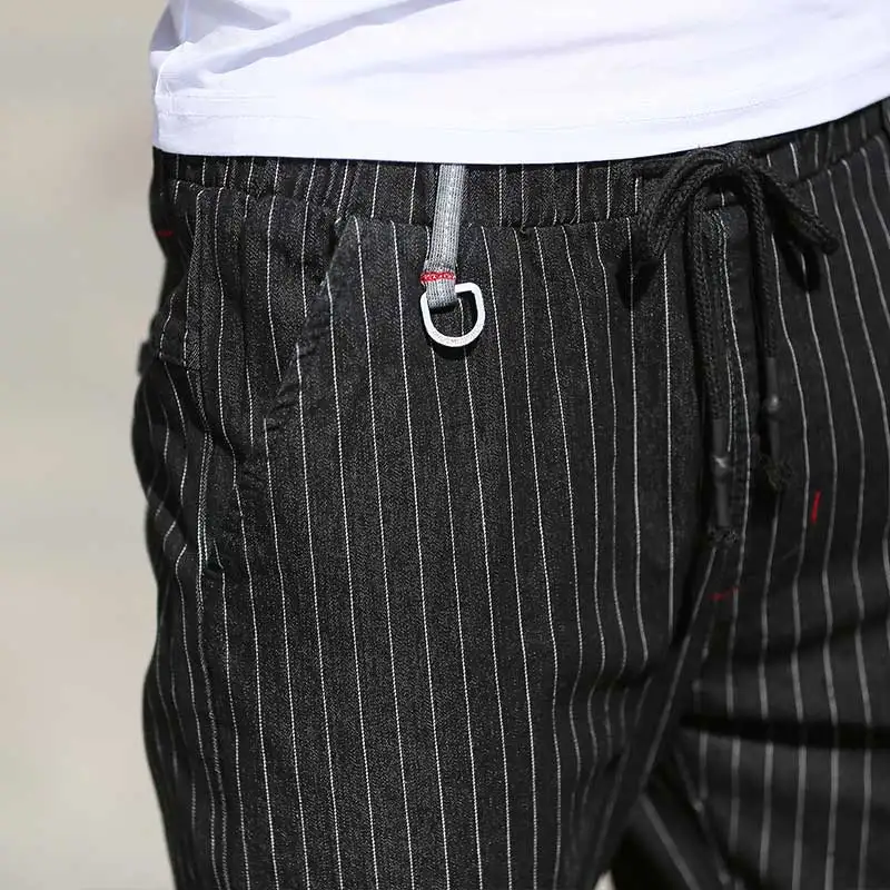 Slim Fit для мужчин полосатый повседневные штаны девочек Drawstring талии джинсы дизайн