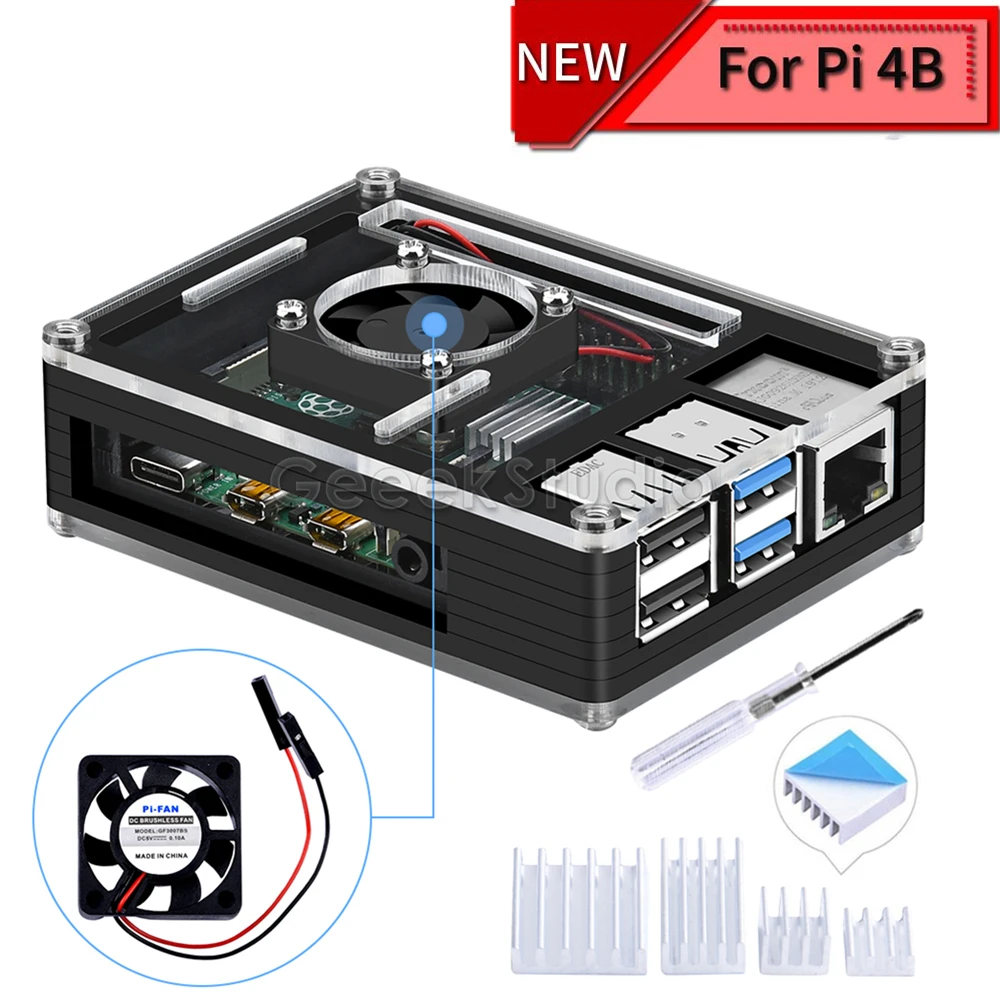 Акриловый Пластиковый черный чехол Rasberry Pi 4B с охлаждающим вентилятором для Raspberry