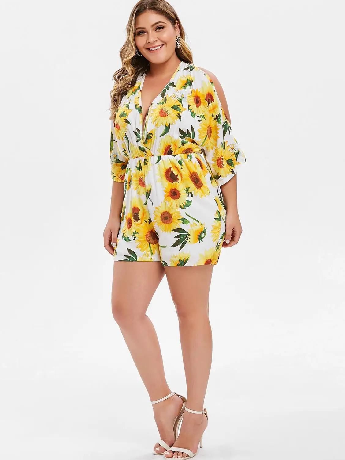 Женский Летний комбинезон с принтом подсолнуха и открытыми плечами глубоким