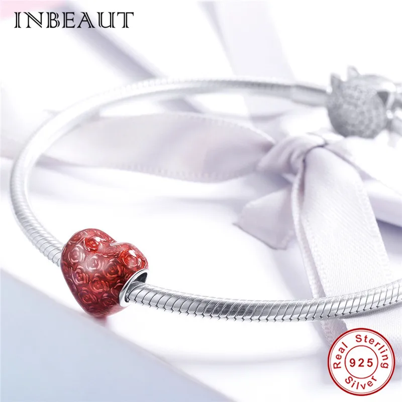 INBEAUT 100% 925 пробы Серебряная роза резное красное сердце очарование новая