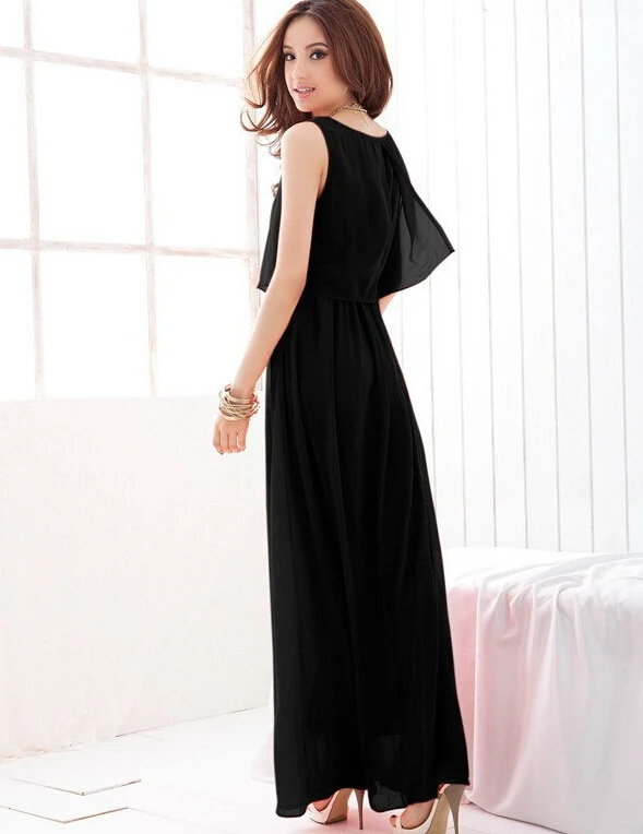 Новый 2015 женщины чешские черный шифон летнее платье без рукавов длиной до пола