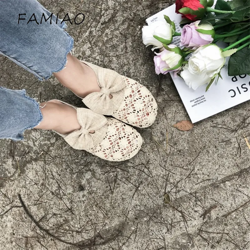 FAMIAO 2018 Летняя женская обувь полые домашние тапочки женские Вьетнамки с бантом