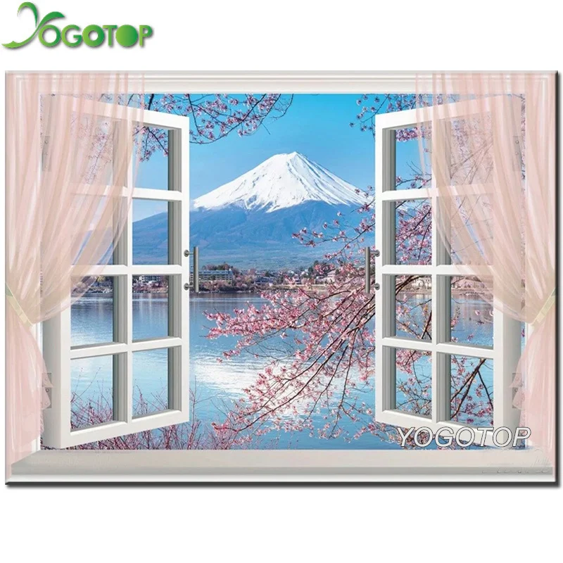 Алмазная вышивка Fuji горное окно пейзаж полноразмерная Круглая Мозаика стразы