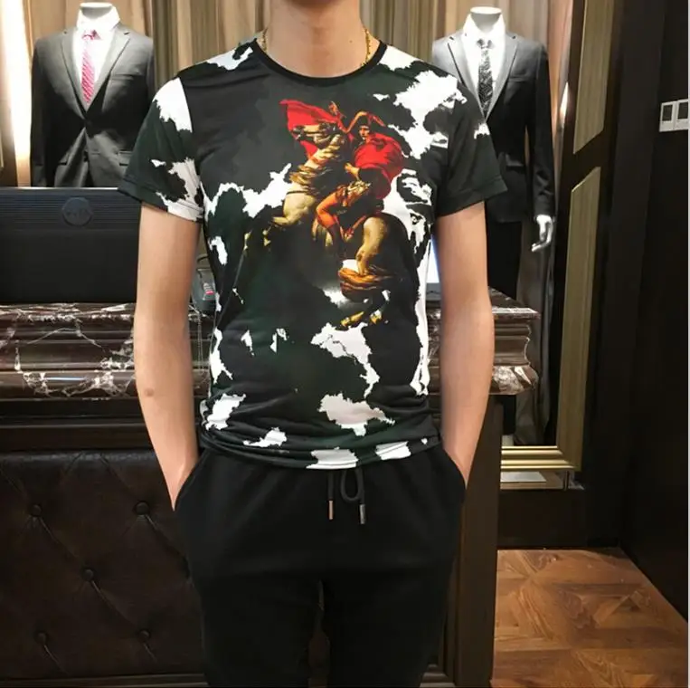 European fashion brand sky blue camouflage clothes summer short sleeve T-shirt men thin horse &amp man printing round colla | Мужская