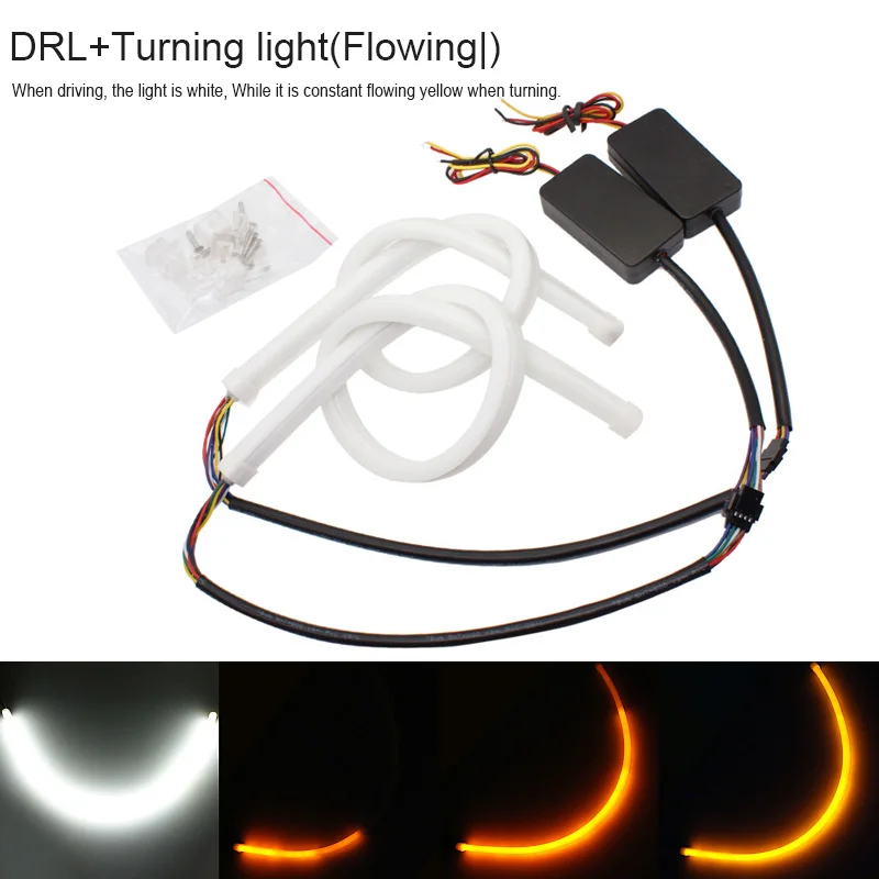2 шт. гибкий движущаяся Автомобильная DRL ходовая указка поворота ангельский глаз белый Янтарный Светодиодный дневной ходовой светильник головной светильник 30 см 45 см 60 см