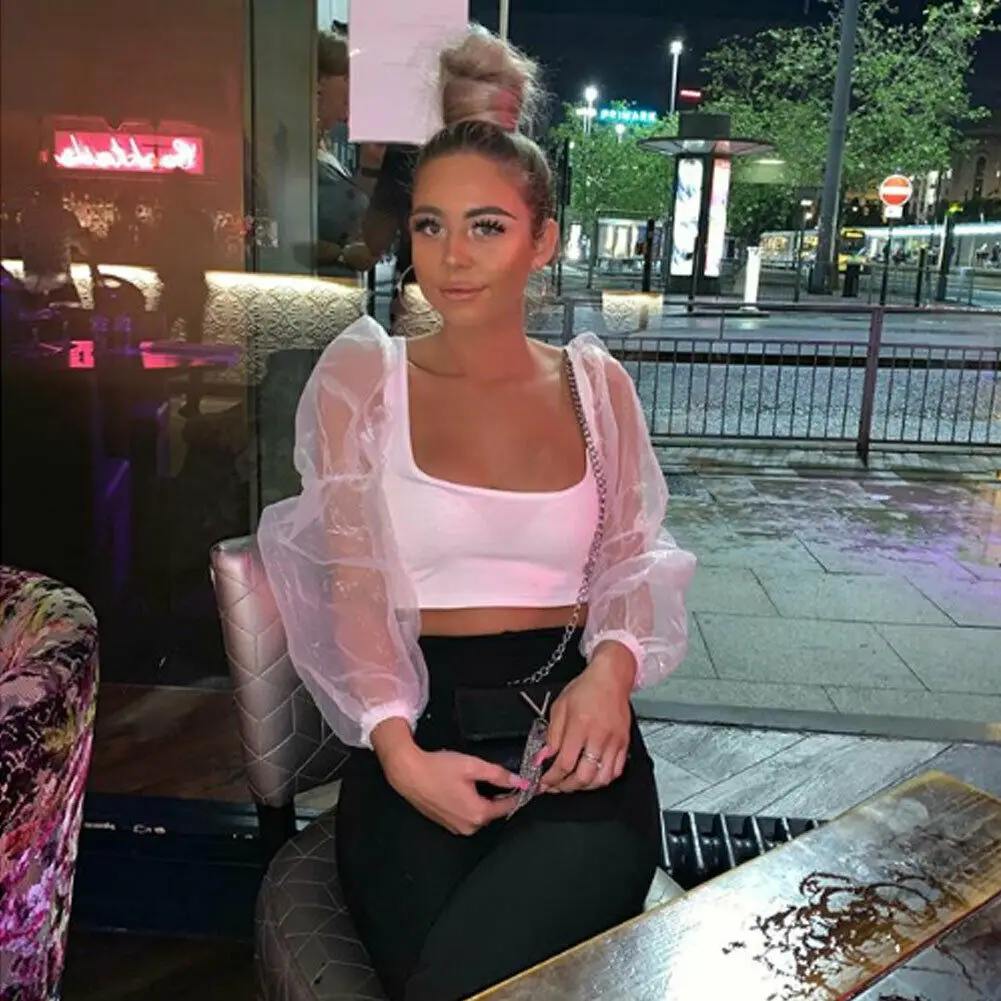 

2019 New Fashion Woman Long Puff Sleeve Crop Top Solid Color Round Neck Slim Blouse Ladies Sexy Party Club Wear Short Blouses