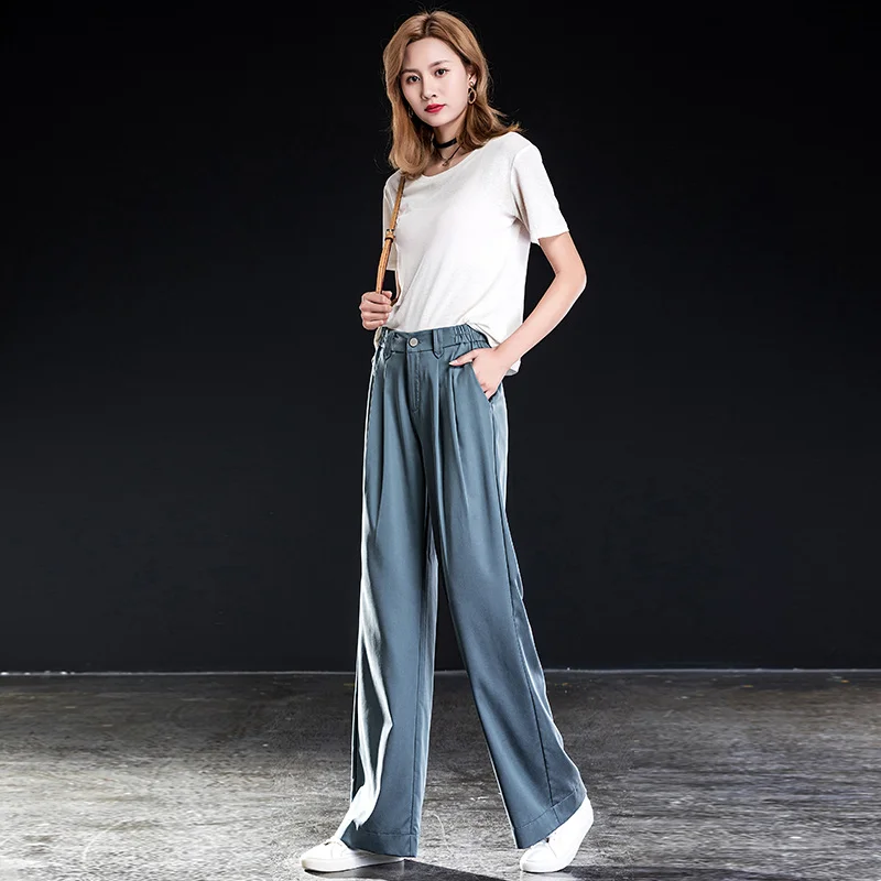 Cyan Microfiber Women Wide Leg Pants 2019 High Waist Zipper Fly Solid Straight Ladies Trousers best 4XL 5XL 6XL Summer | Женская одежда
