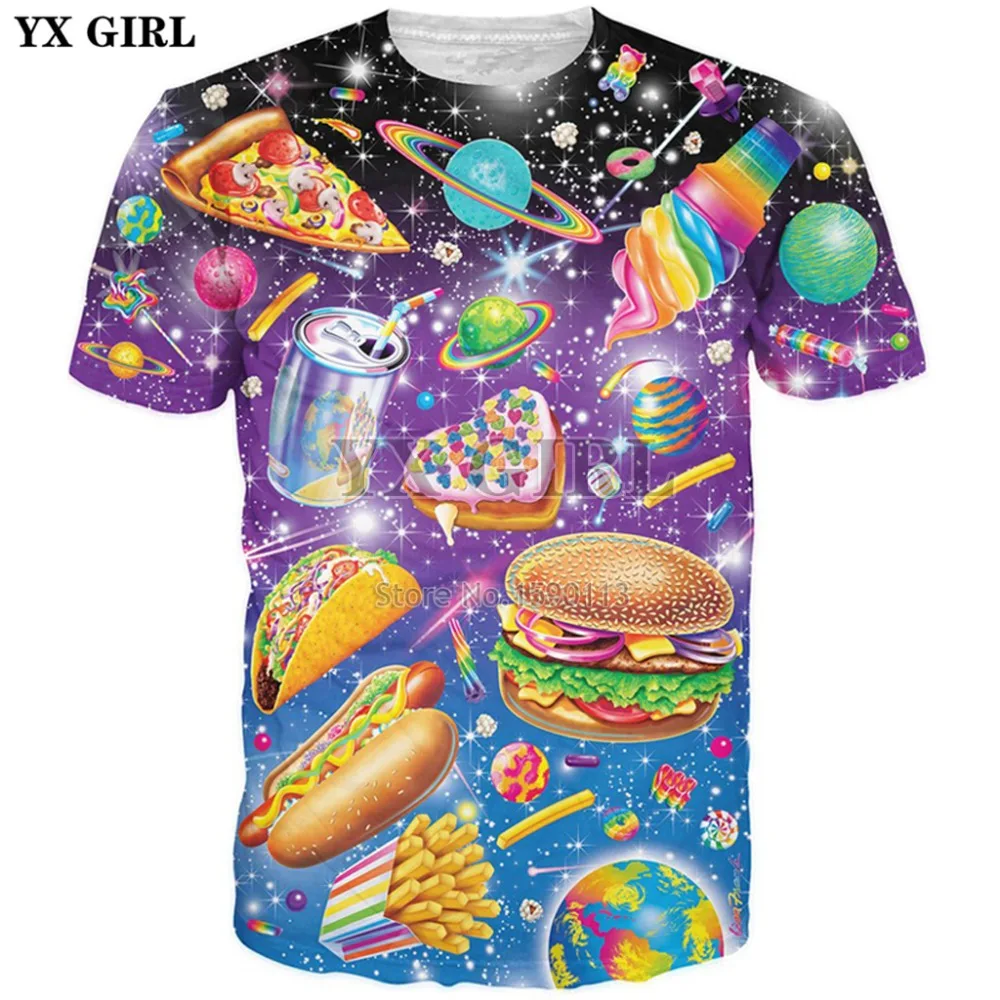 YX GIRL-Camiseta con estampado 3D para hombre y mujer, camisa informal con estampado de hamburguesa, Pizza, francés, helado, moda de verano, 2018