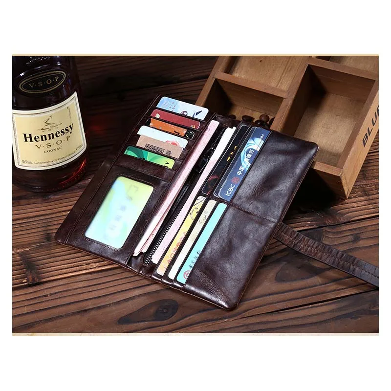 

Genuine Leather Men Wallets Crazy Horse Male Walet Money Bag Fashion Long Vallet Zipper Design Portomonee RFID Purse Card Holder