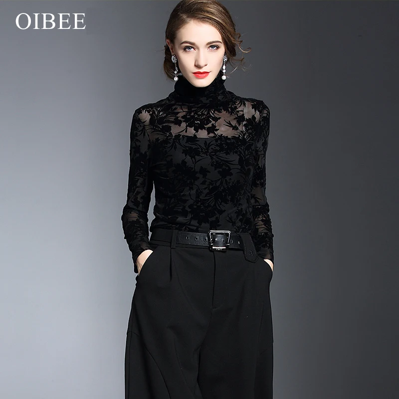 OIBEE2019 Новинка весны высокого с высоким воротником, воротник-стойка, чистый хлопок кружева выдалбливают пикантные черные сапоги рубашка с длинными рукавами