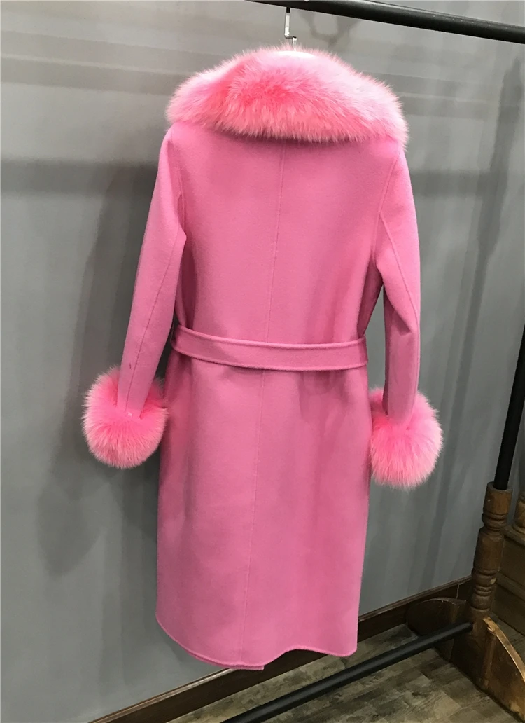 Качающийся потрясающий натуральный бренд Fox fur Trim из шерсти ягнёнка шерстяной Тренч пальто плюс размер осень зима меховые пальто abrigo mujer
