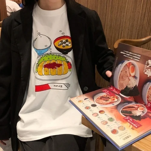 HAHAYULE-JBH японский Tonkatsu Карри футболка с рисом Kawaii Мода Harajuku стиль негабаритных тройник