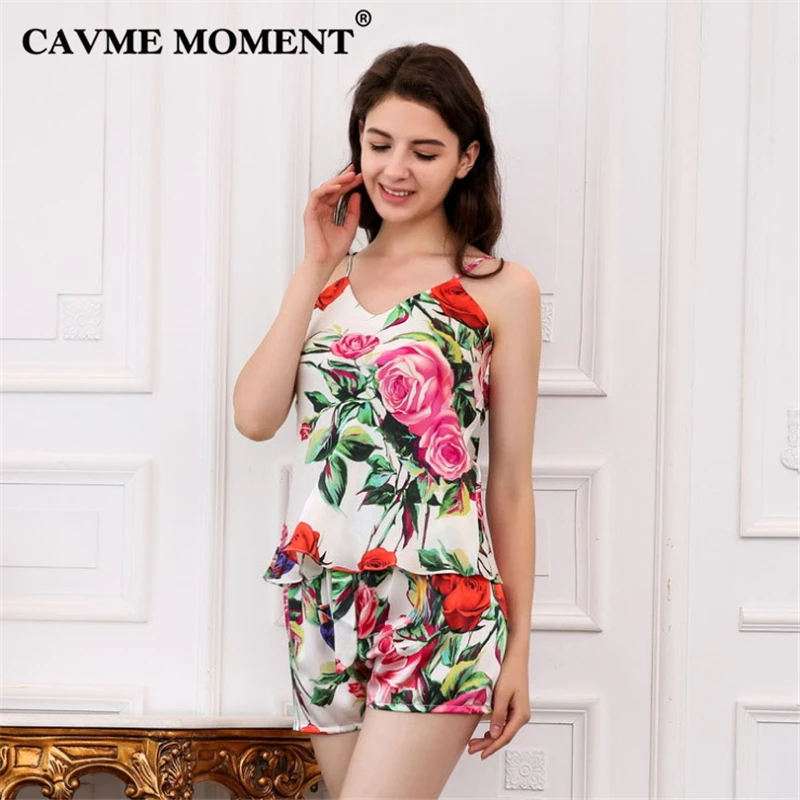 CAVME Pure Silk Pajama Sets for Women Ladies Spaghetti Strap Shorts 2 Pieces Pyama Set Femme Luxury Sleepwear Printed Homewear