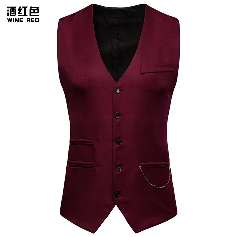 Wine Red Для мужчин s деловые Slim Fit Однобортный Платье черного цвета жилетки модная обувь с украшением в виде цепочек Для мужчин жилет 2XL - Цвет: Wine Red