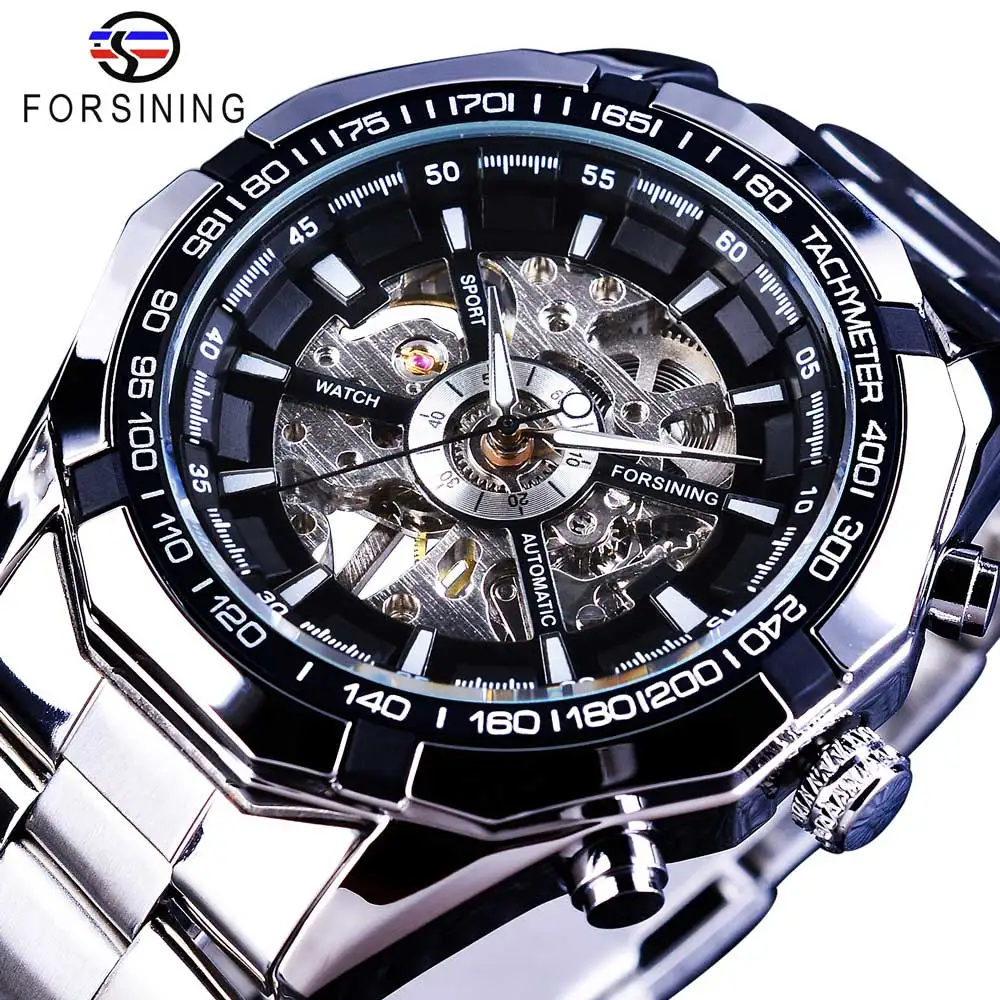 Black Silver Часы Forsining+ браслет, набор, сочетание серебра, нержавеющая сталь, для мужчин, скелет, прозрачный, механический, мужские наручные часы, часы - Цвет: Black Silver