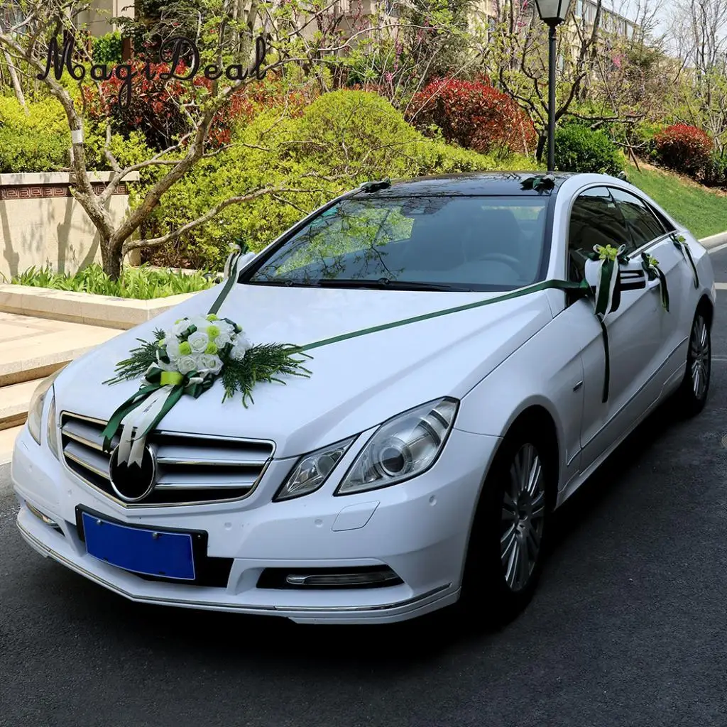 MagiDeal 12 шт./компл. свадебный автомобиль украшения набор «сделай сам» из искусственного шелка с цветочным рисунком с бантом из ленты на крыше автомобиля дверного зеркала Свадебные Сделано в Китае