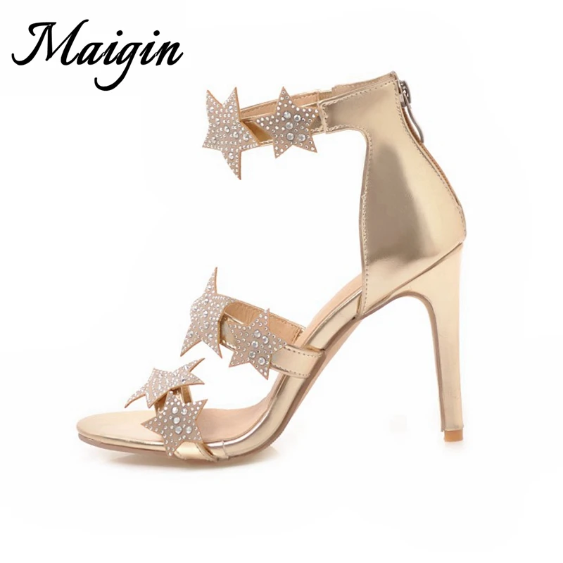 Maigin Fetidh женские босоножки на высоком каблуке 2018 Новый Bling Звезды обувь с открытым