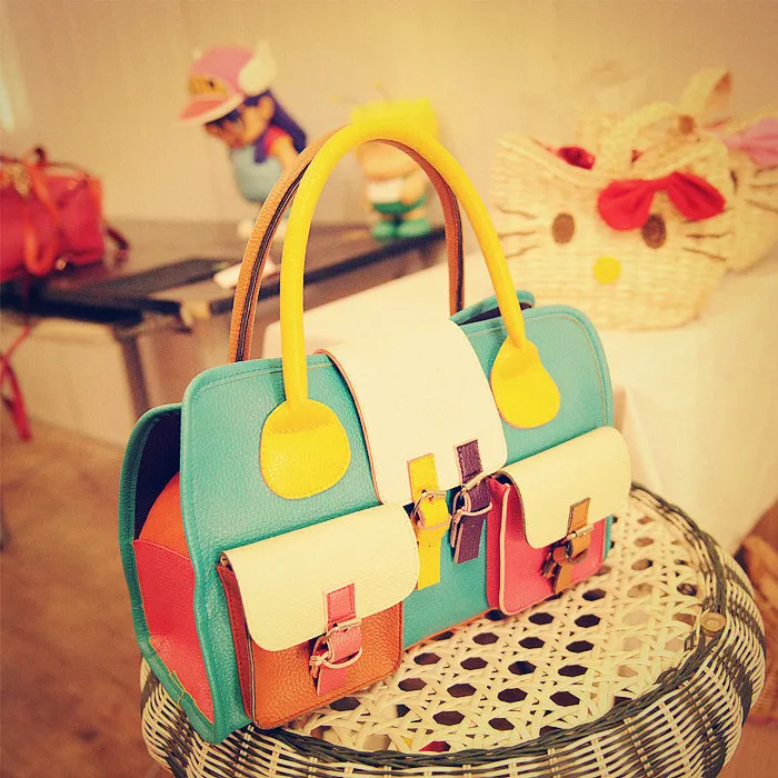Vintage Hobo Women Handbag PU Leather Contrast Color Tote Satchel Shoulder Bag Blue |