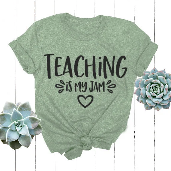 

Funny Casual Short Sleeve Gray Shirt Teaching is My Jam T-Shirt Hipster Aesthetic Tumblr Letter Top Teacher t shirt Tee Oversize