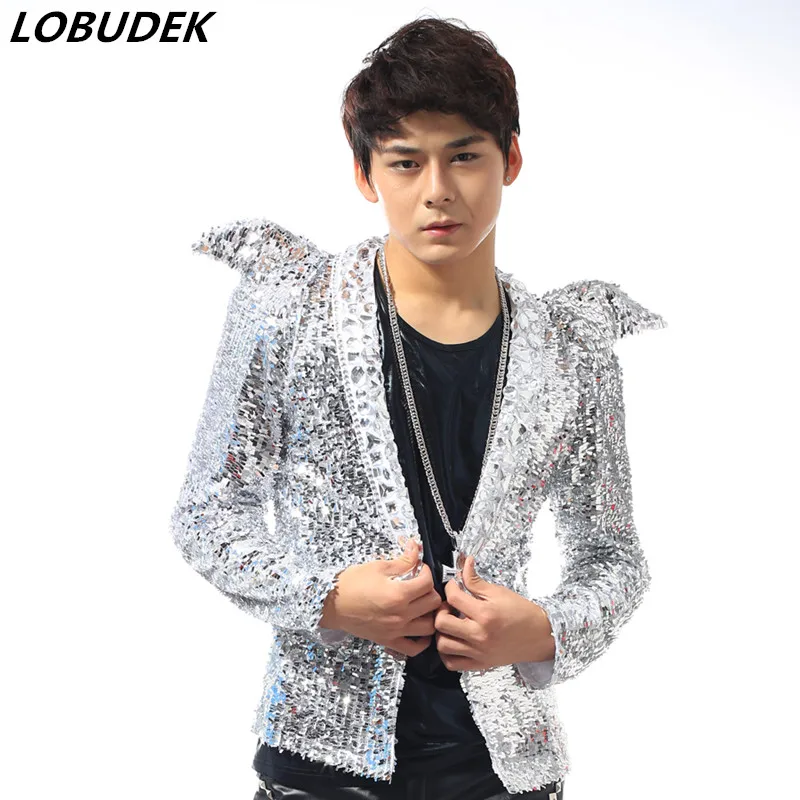 

Punk style men's singer Rock Jazz Performance Costume Bar Club stage outfit silvery sequins slim jacket tide male Hip Hop Coat
