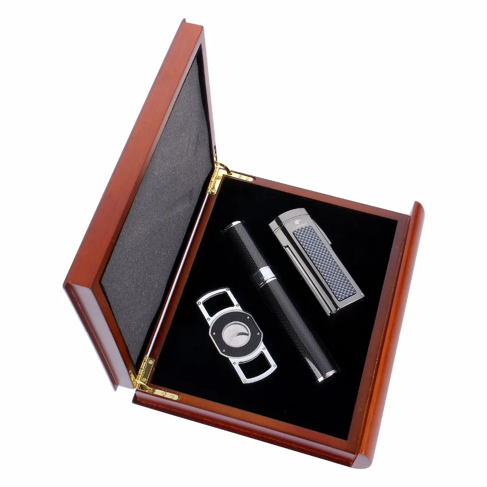COHIBA металлическая коробка для Сигар Зажигалка, резак для сигар, трубка для сигар(набор), с Милая Подарочная коробка, ветрозащитные синие струйные зажигалки
