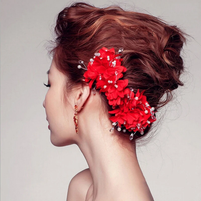 Новый дизайн красный цветок свадебный головной убор искусственные жемчужные
