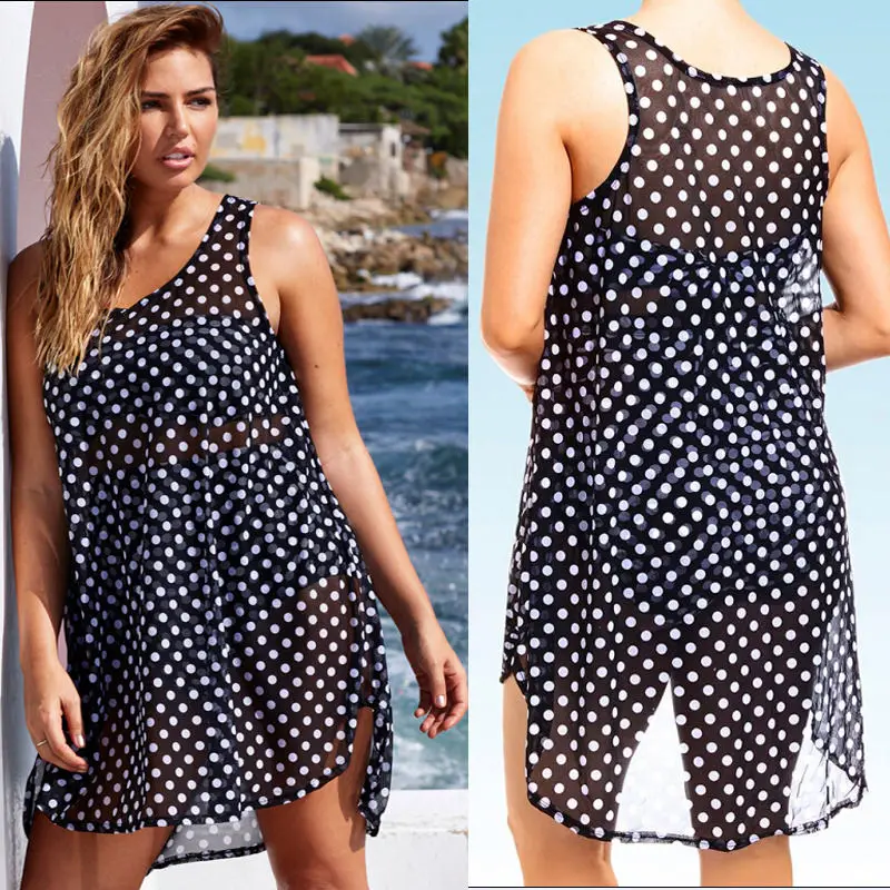 

2016 Women Beach Dress Sexy Dot Chiffon Black Crochet Summer Dresses Hippie Boho Dress Vestidos Beach Wear 3XL 2XL