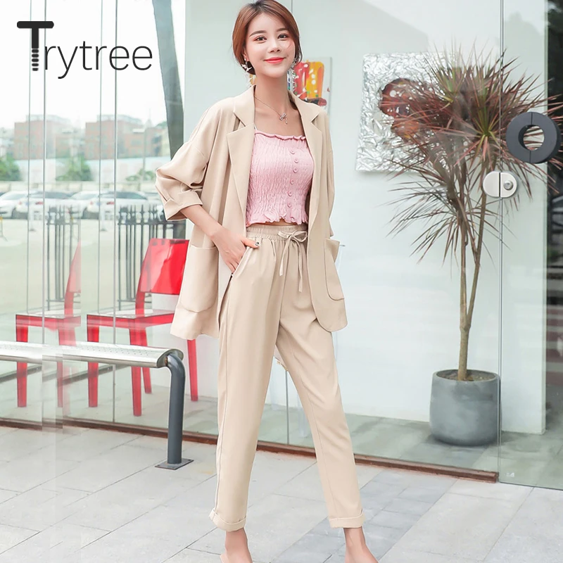 Женский офисный костюм Trytree однотонный комплект из двух предметов пальто на