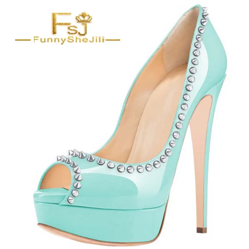 

Cyan Rivets Peep Toe Platform Pumps Stiletto Heels Studs Shoes Carnival Attractive Incomparable Generous Noble Fashion FSJ Sexy