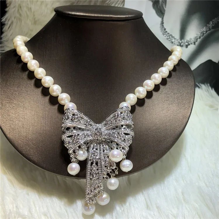 Hand knotted 9-10mm white natural freshwater pearl bowknot micro inlay zircon necklace fashion jewelry | Украшения и аксессуары
