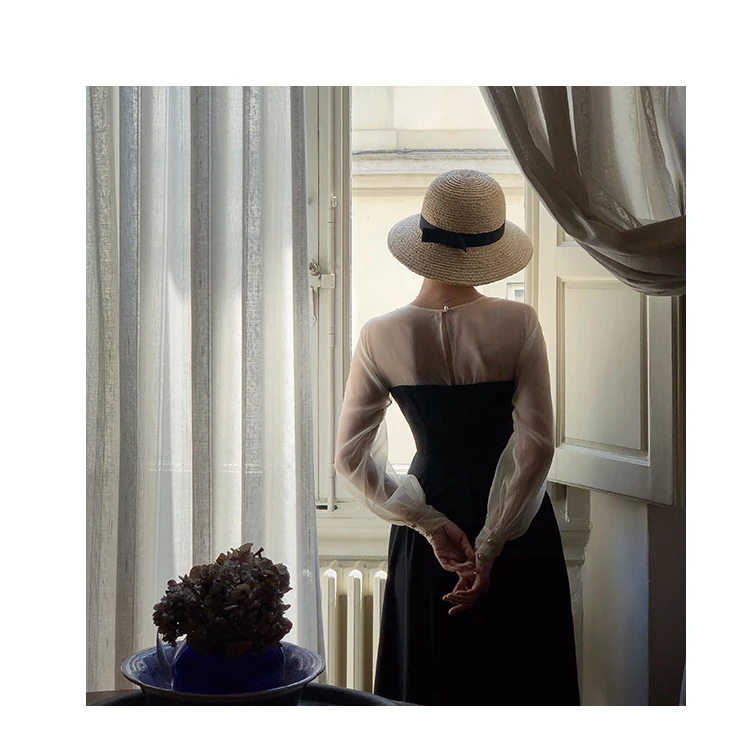 Vestido, весна-осень, женское винтажное платье в стиле Хепберн, элегантное, тонкое, v-образный вырез, длинный рукав, сетка, пэчворк, черное, длина до колена, платье sukienk