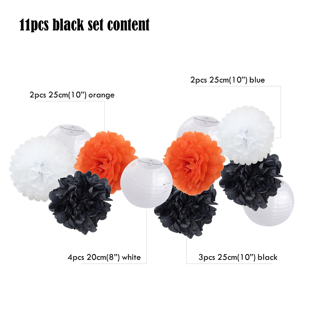 black set Вечерние 11 шт./компл. белые Висячие круглые бумажные фонари Pom для рождества/крещения/Mi Primera Comunion украшения бумажные ремесла - Цвет: black set