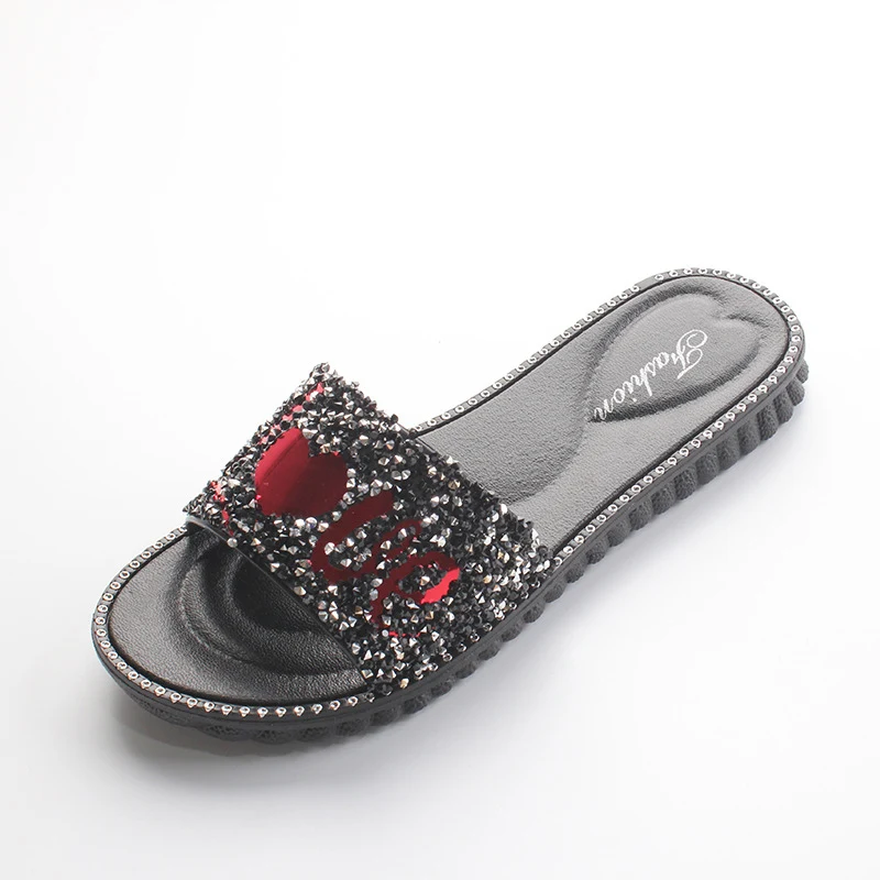 Женские шлепанцы на плоской подошве повседневные с украшением в виде кристаллов