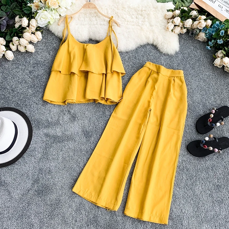 Женский винтажный Костюм двойка повседневный комплект из топа на бретельках с