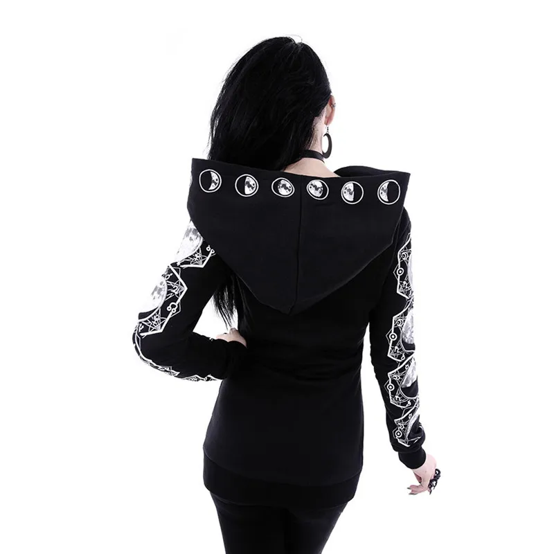 

GothicBlack Punk Women HoodiesMoon Print Long Sleeve Jacket Zipper Coat Casual Hooded Goth HoodyLadies Sweatshirts Plus Size