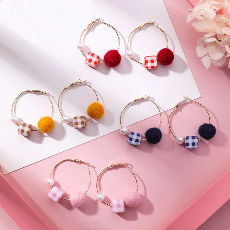 New Arrival Women's Cotton ball Pearls Hoop Earrings Lovely Ins Popular colorful fashion jewelry vintage Retro | Украшения и