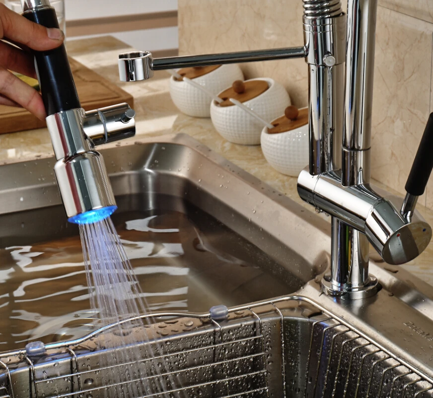 Modern Design Deck Mount Spring Double Swivel Spout Kitchen Mixer Faucet Single Handle with LED Light | Обустройство дома